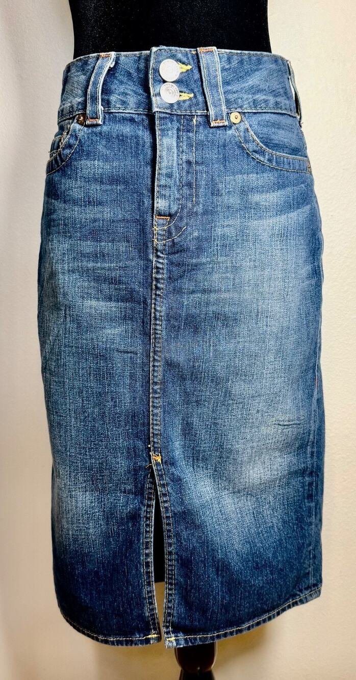 VTG True Religion Marissa Denim Midi Skirt Size 28 Front Split High Rise Made In